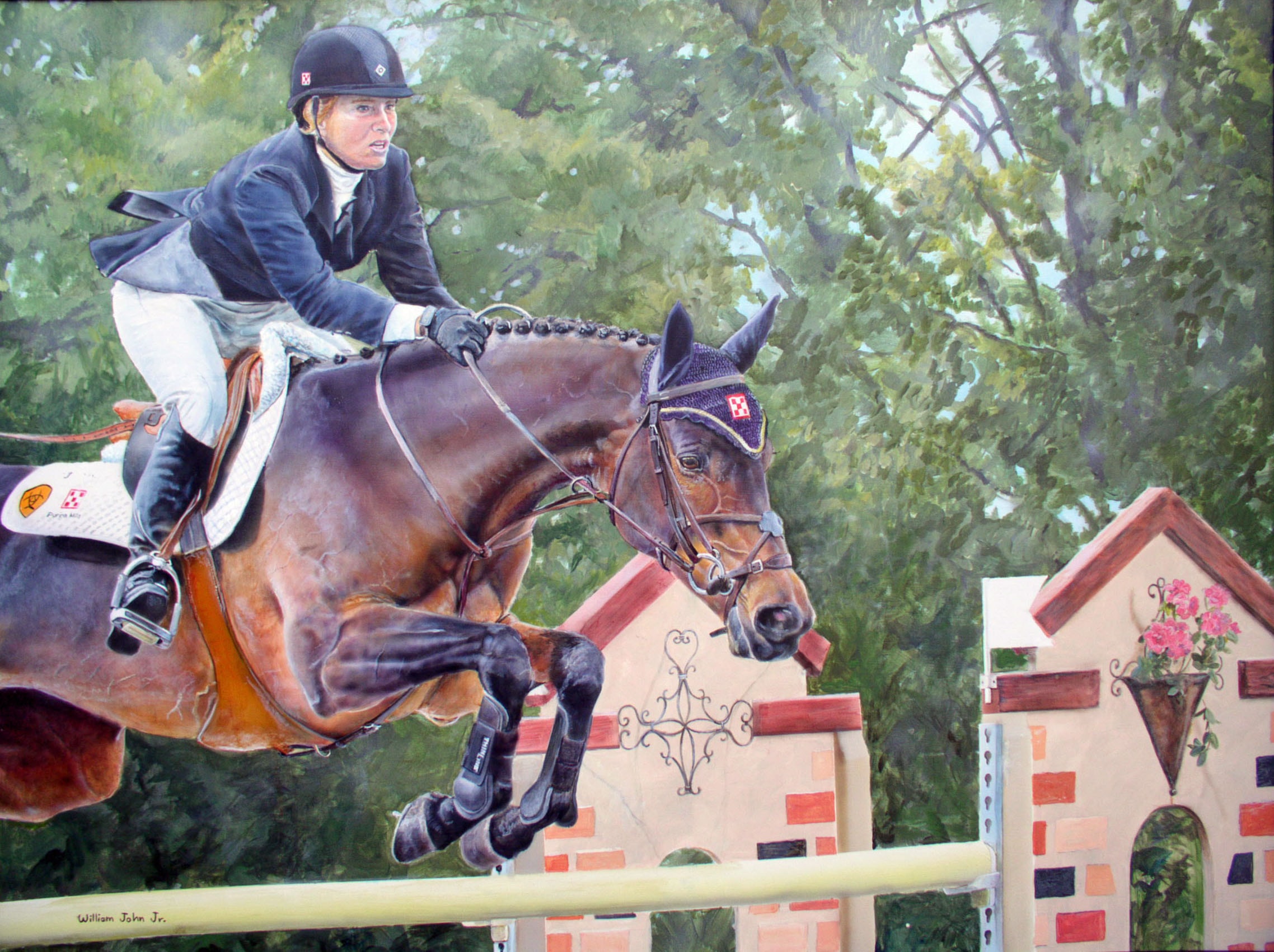 Rider jumping bay horse over obstacle — painting by William John Jr.