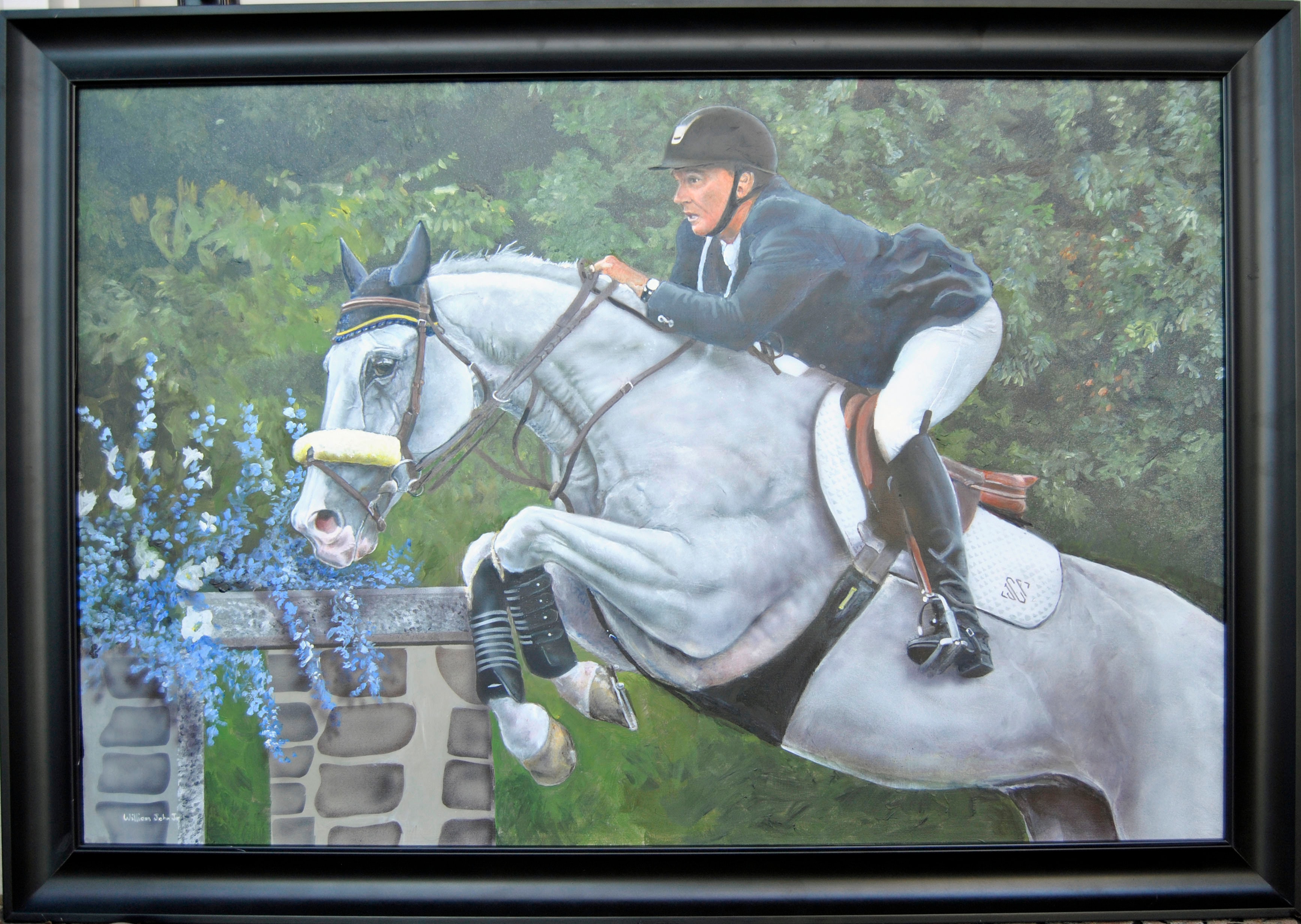 Rider jumping white horse over stone fence — painting by William John Jr.