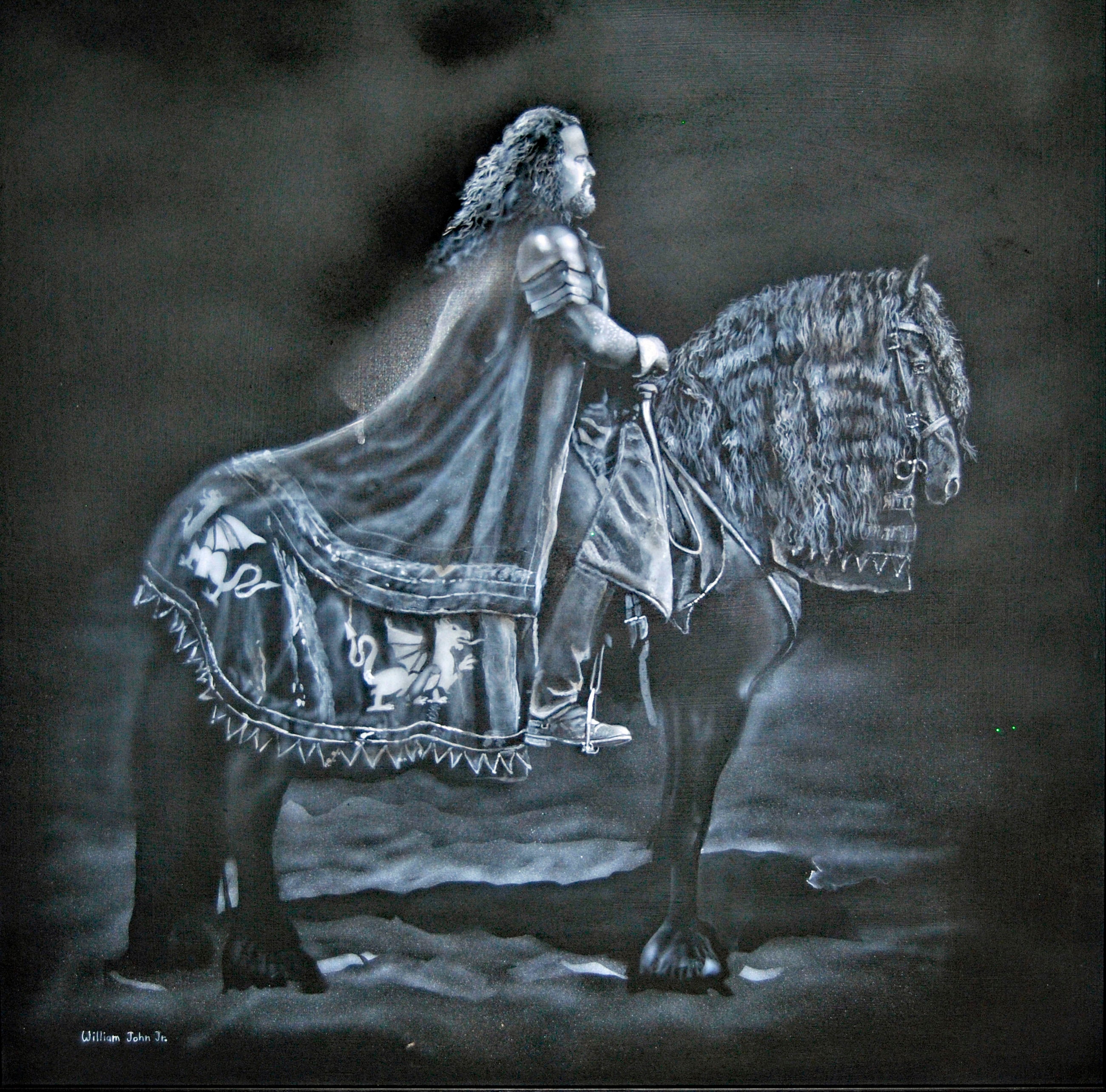 Knight on horseback black and white — painting by William John Jr.