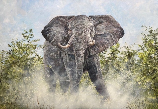 African elephant charging through bush dust — painting by William John Jr.